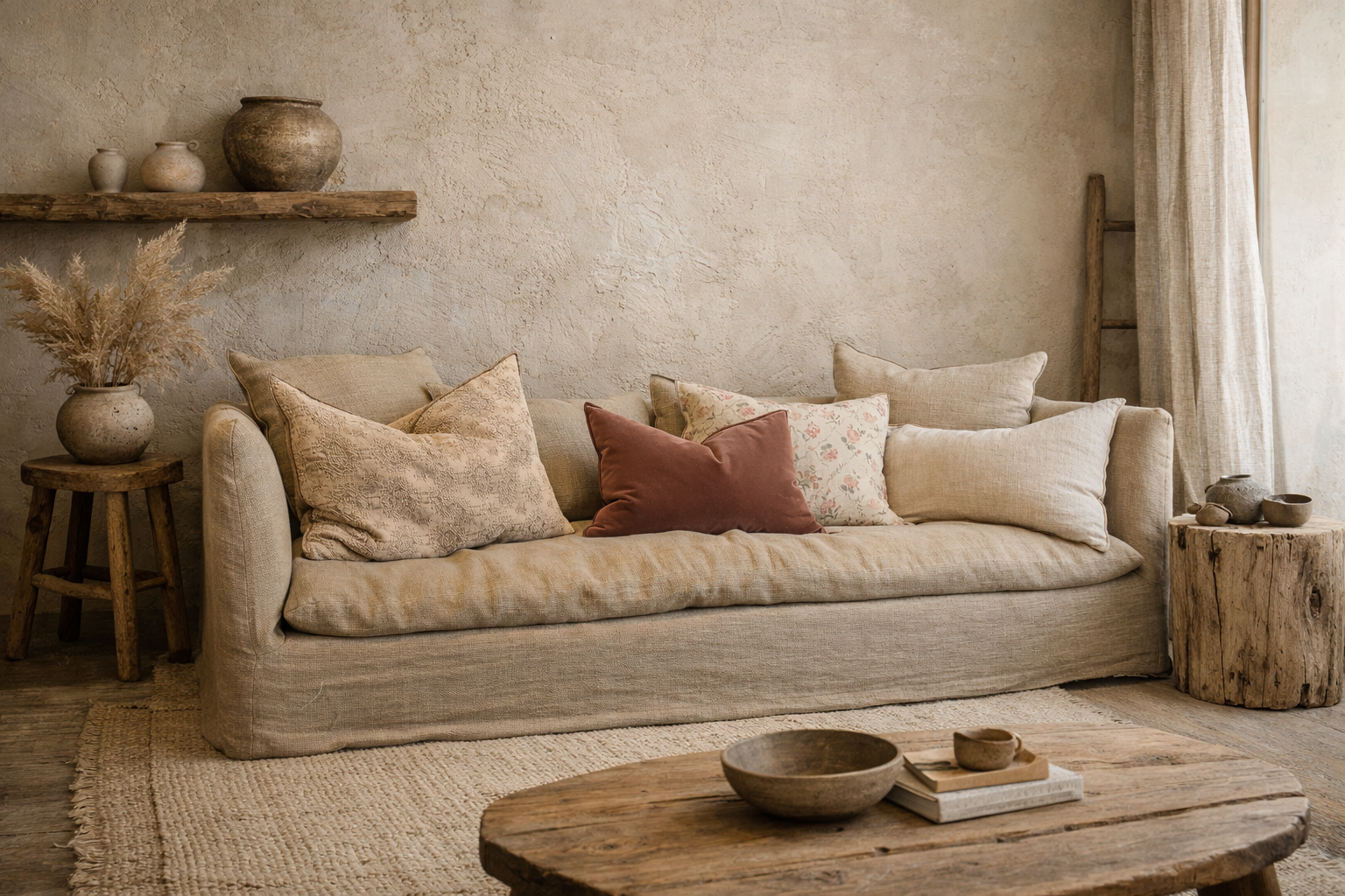 Canapé Boho 220 x P97 x H80 cm - Toile de Lin Vintage - Havane