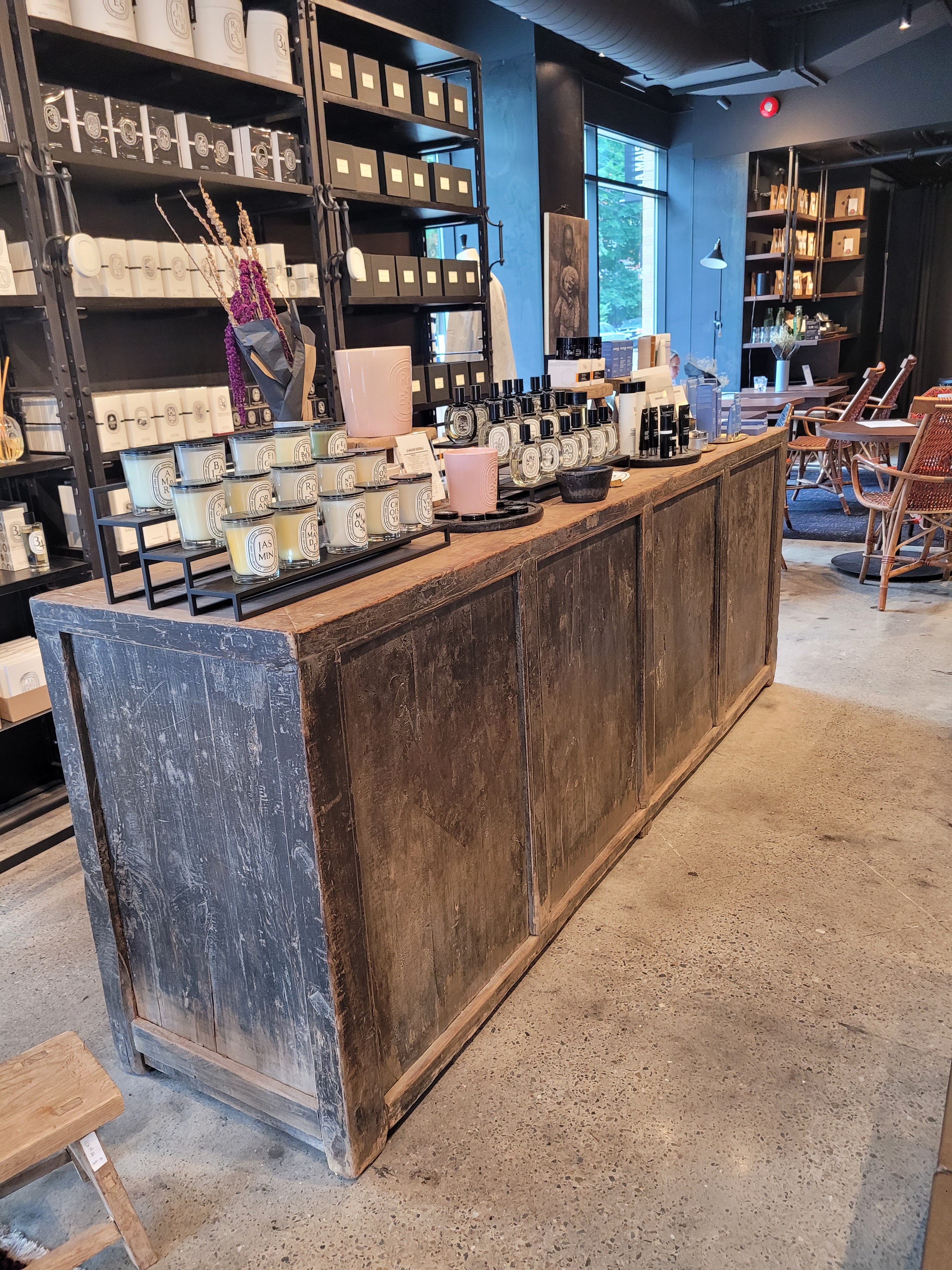 Antique elm counter, black lacquered, 4 drawers, 257cm x 56cm x H92cm