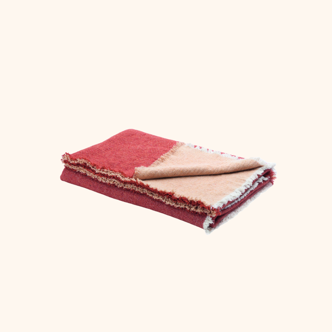 Vice Versa Double-Sided Fringed Throw in Virgin Wool and Washed Cotton