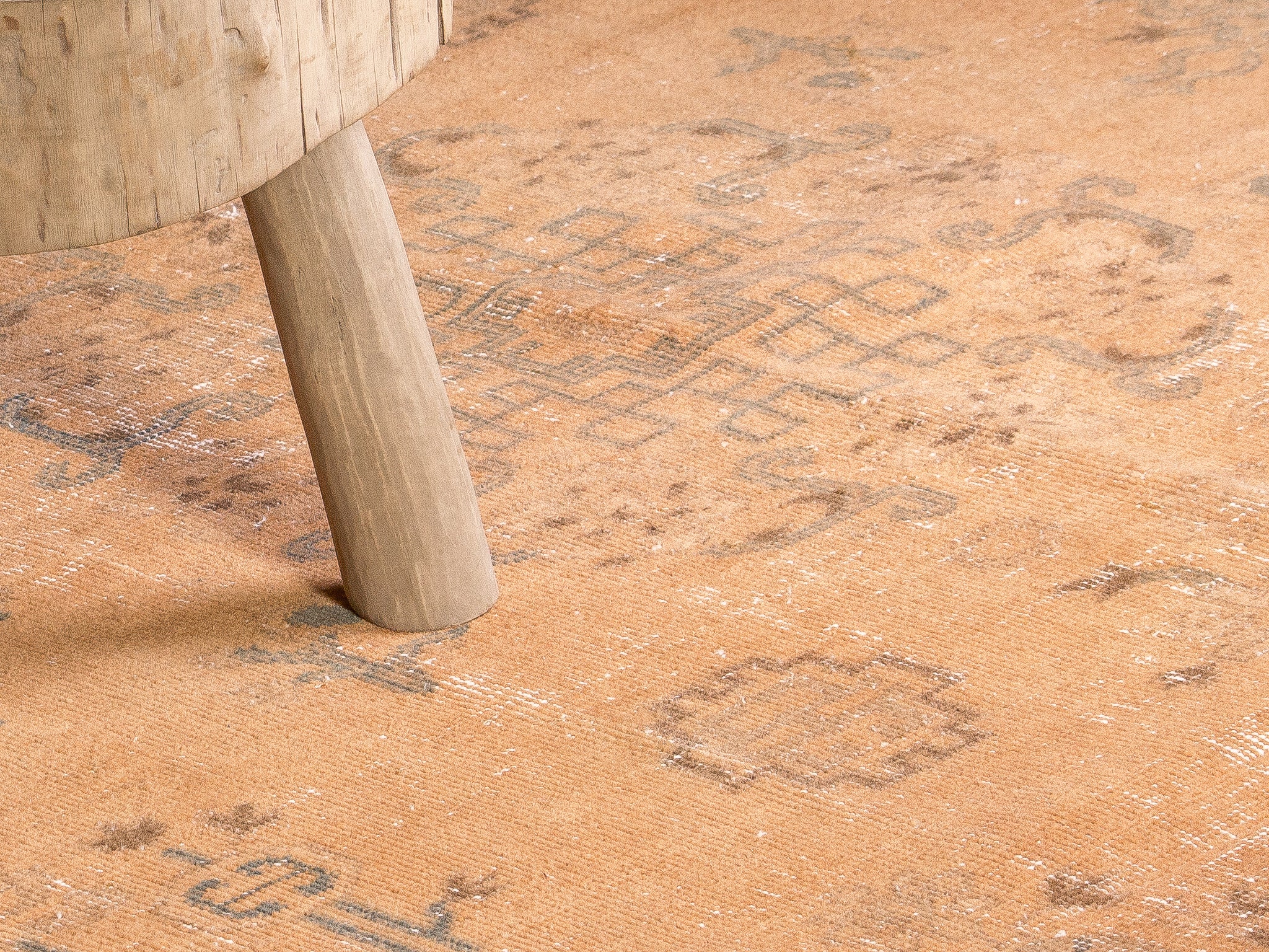Vintage light orange brown wool rug with cotton weave