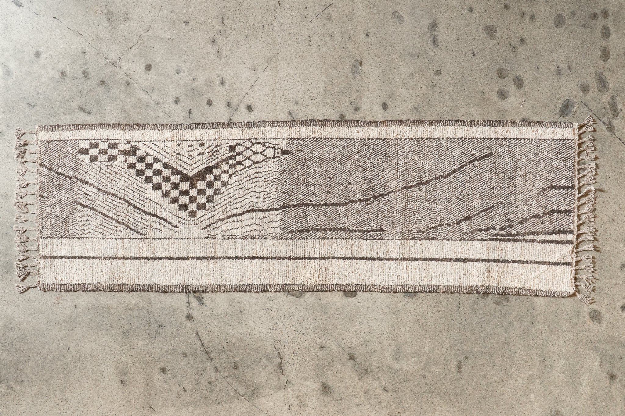 Tapis afghan noir et beige 100% laine de yak - 90cm x 300cm