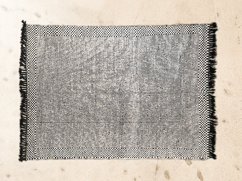 Afghan Line and Checkerboard Black and White 100% Wool Rug - 310cm x 397cm