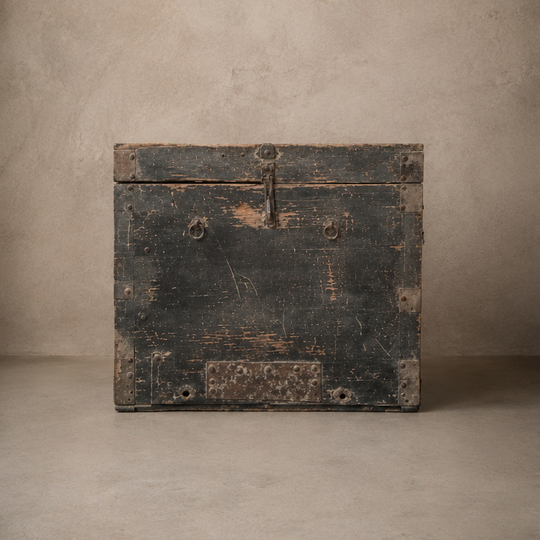 Coffre en bois et métal foncé - Pièce unique