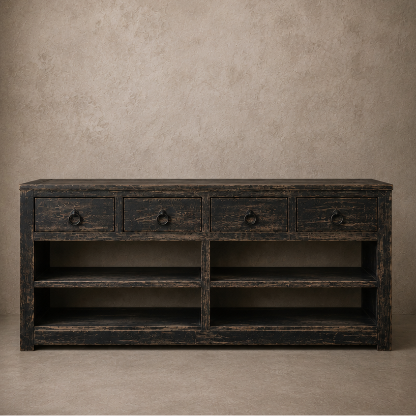 Antique elm counter, black lacquer, 4 drawers, 19th century, China, 257 x 56 x H92 cm