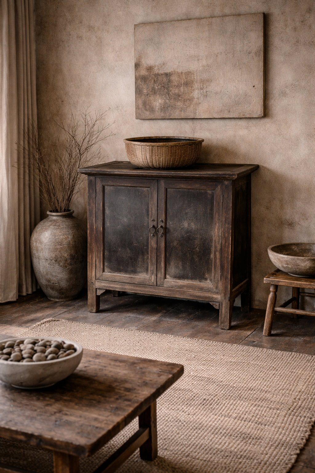Petit buffet de 2 portes, patine noire et en orme ancien, XIXe siècle, Chine