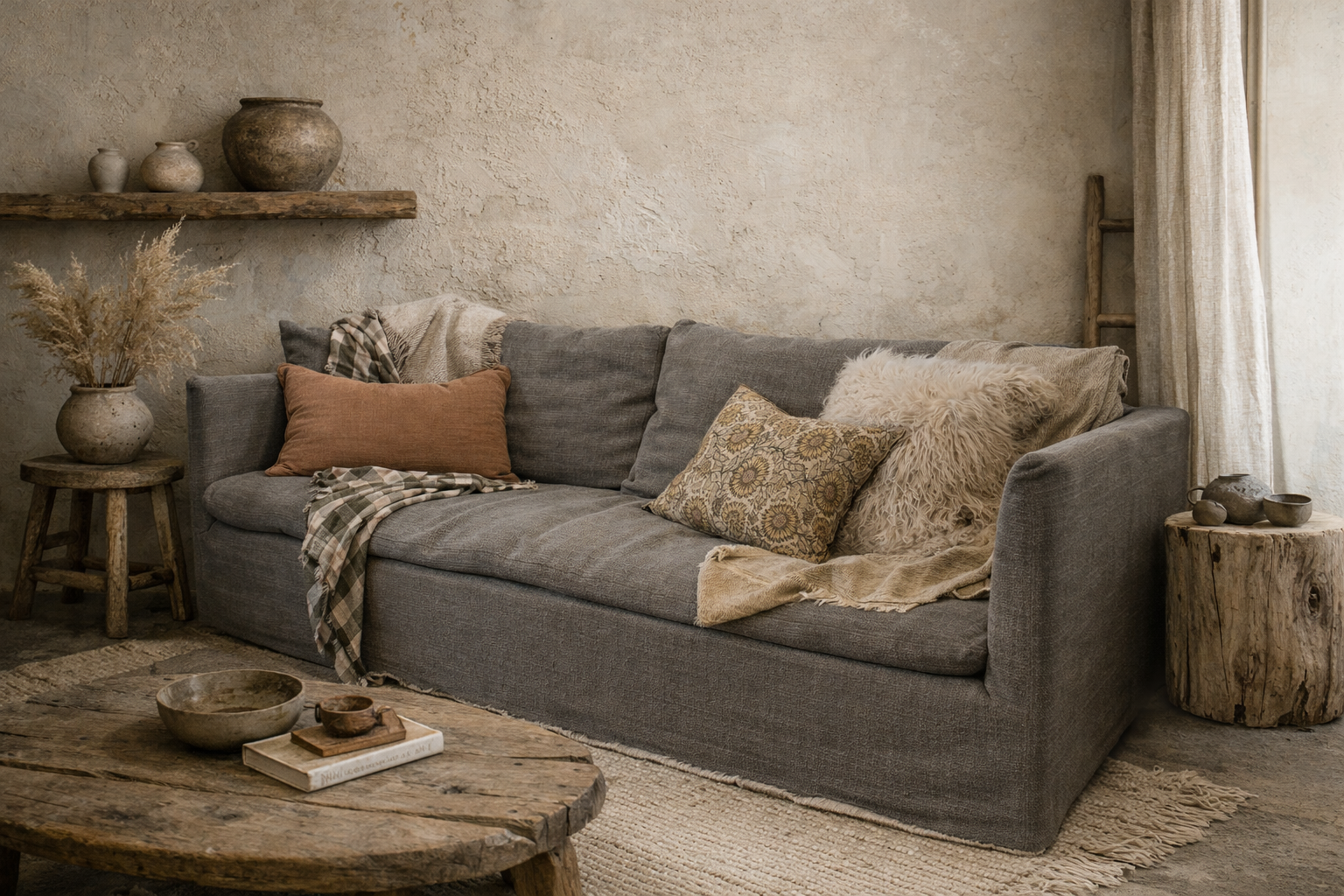 Canapé Boho 240 cm - Toile Belsize Upcyclée - Kaki