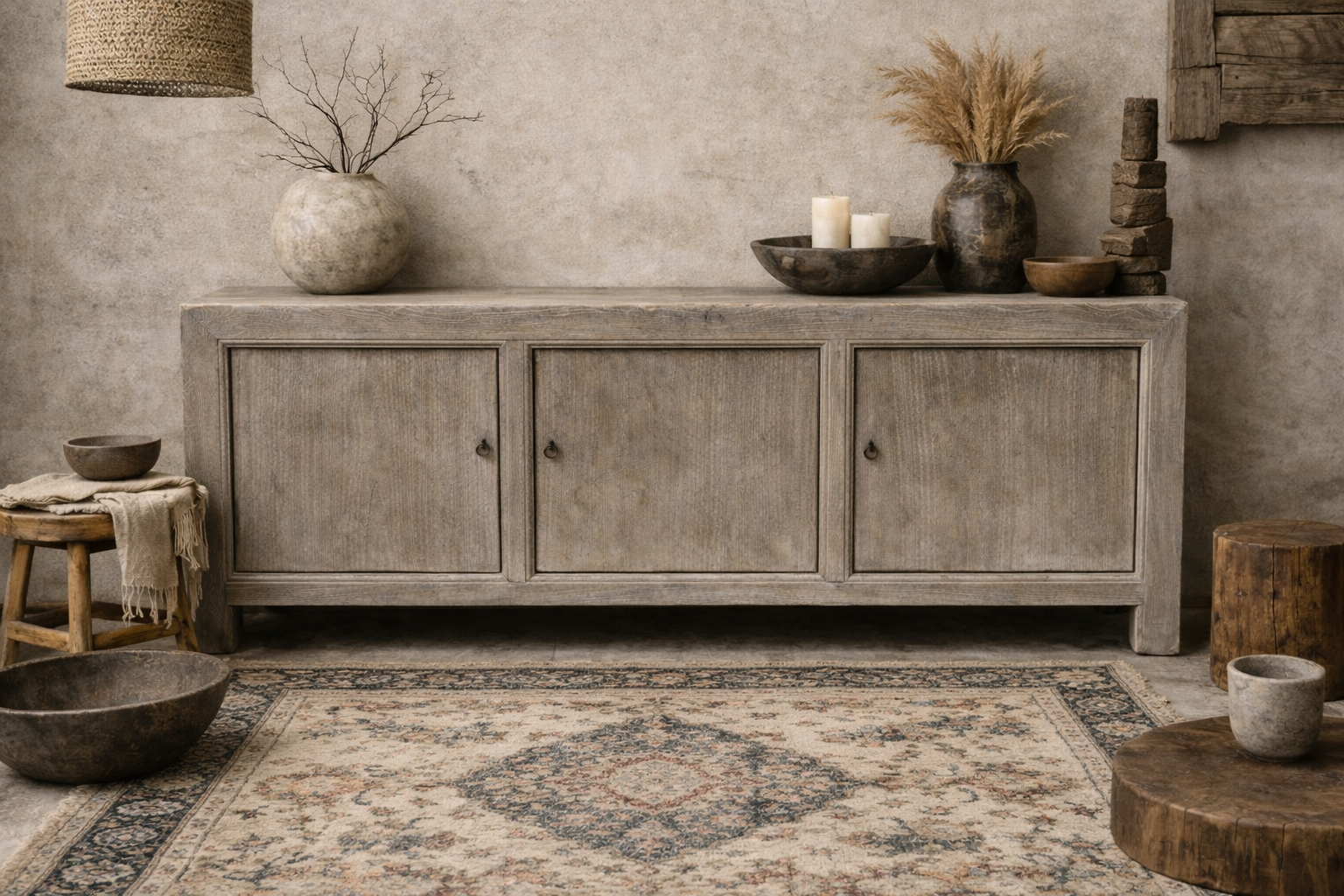 Light elm buffet, 3 doors, 19th century, China, 194 x 44 x H89 cm