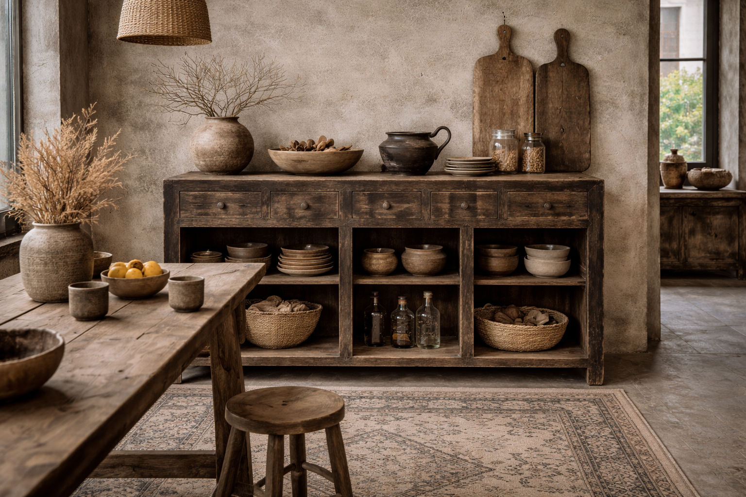 Comptoir en orme ancien laqué noir - Pièce unique