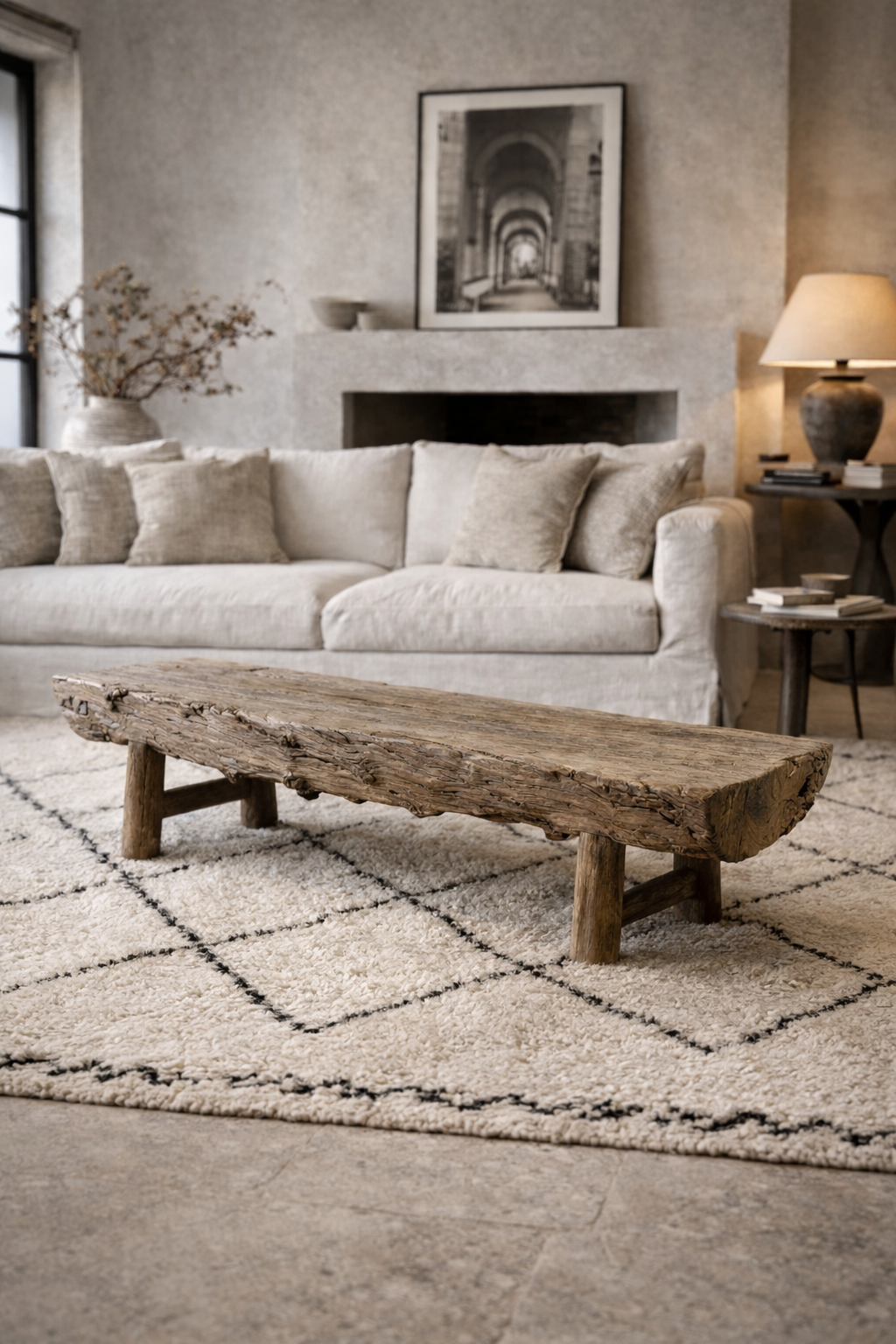 Solid elm coffee table, round wooden base, 188 x 47 x H35 cm