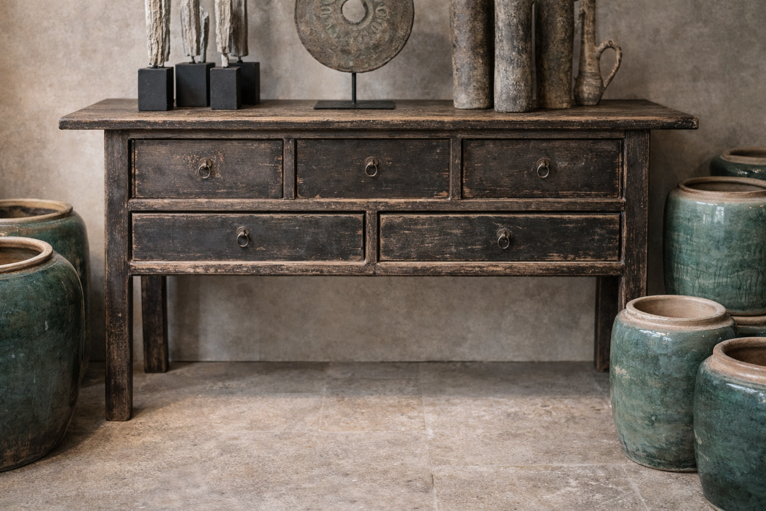 Black patina console with 6 drawers