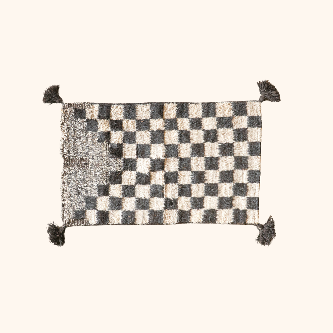 Black and white 100% yak wool long-pile Afghan rug - 100cm x 165cm