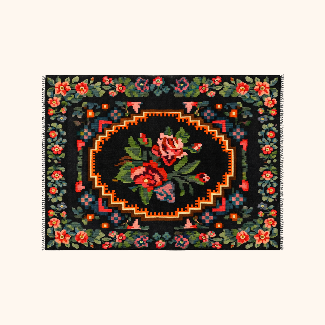 Tapis kilim moldave ancien, laine noué à la main, 207 x 126 cm