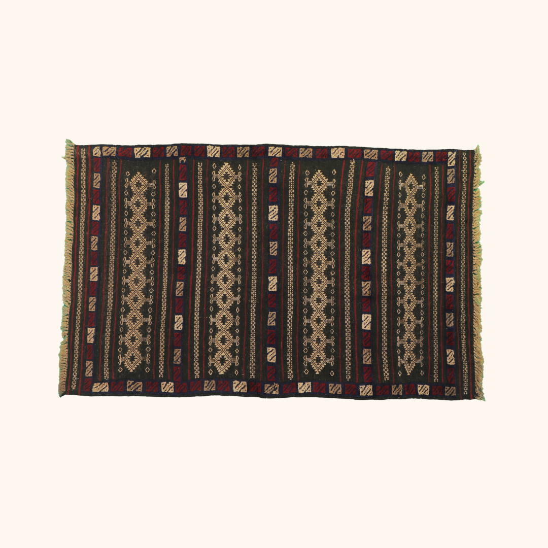 Tapis kilim ancien SOFREH, laine noué main, 85cm x 132cm