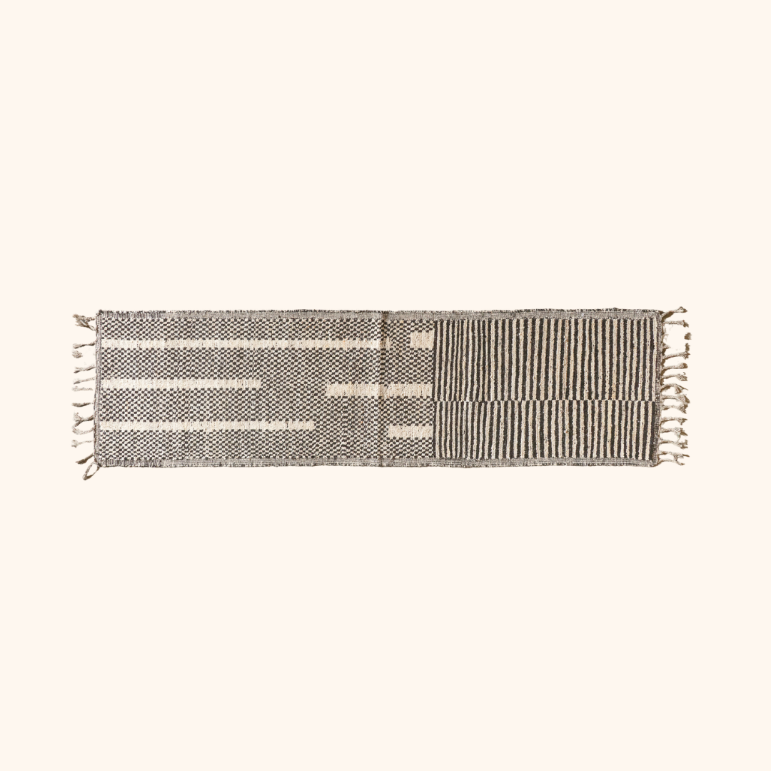 Black and white Afghan rug 100% yak wool - 80cm x 301cm