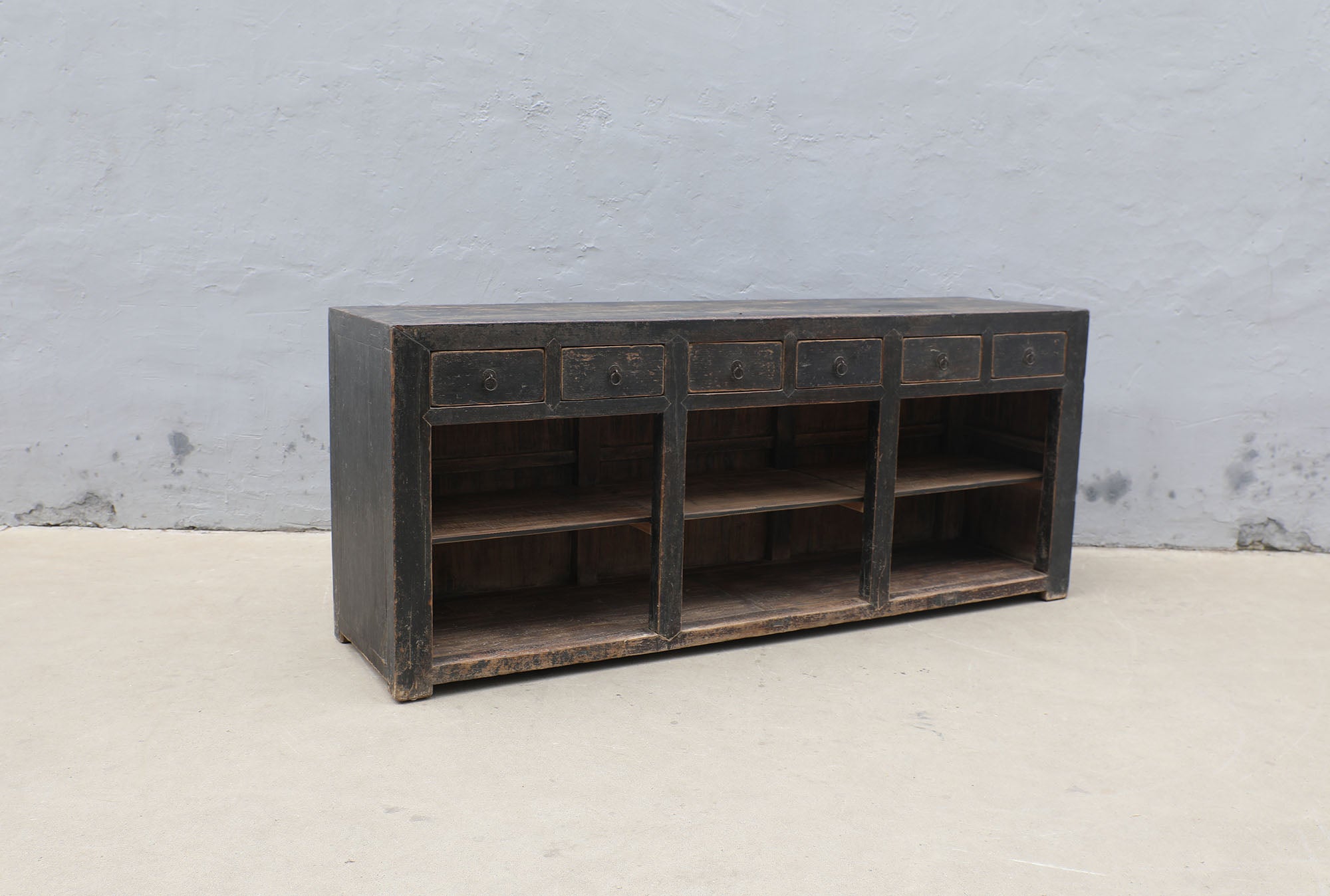 Antique elm counter, black lacquered, 6 drawers, 18th century, China, 207cm x 53cm x H86cm