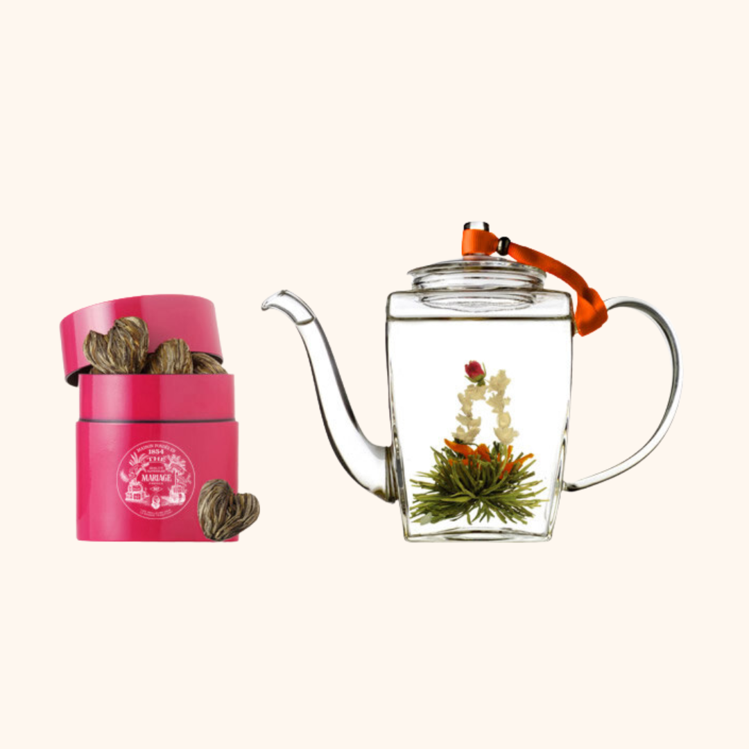 SWEETHEART - Coffret de thé vert sculpté & théière en verre soufflé